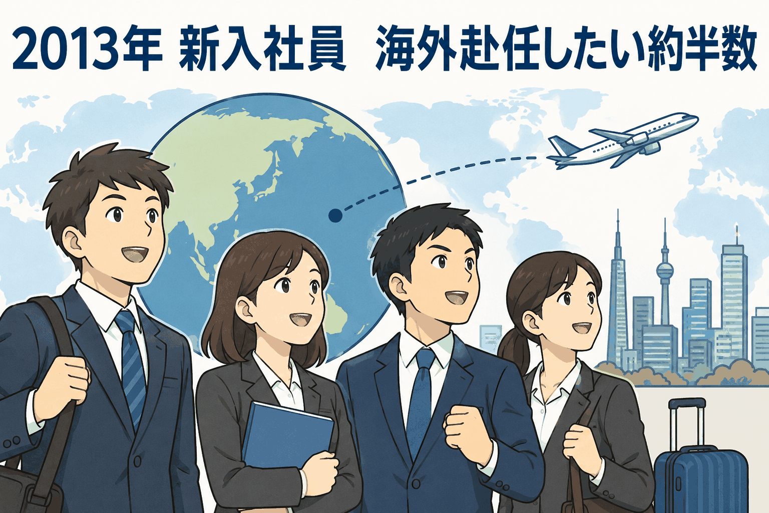 2013年の新入社員が海外赴任に前向きな意識を持つことを示す、地球・飛行機・ビジネスパーソンのイラスト