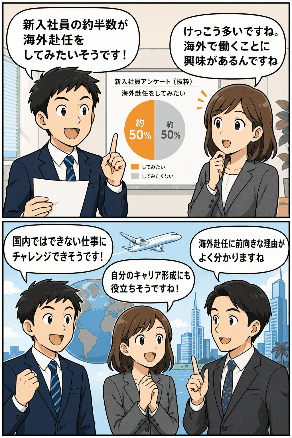 日本能率協会の新入社員意識調査で、約半数が海外赴任を希望し、国内ではできない仕事への挑戦やキャリア形成を理由に挙げていることを説明する漫画イラスト