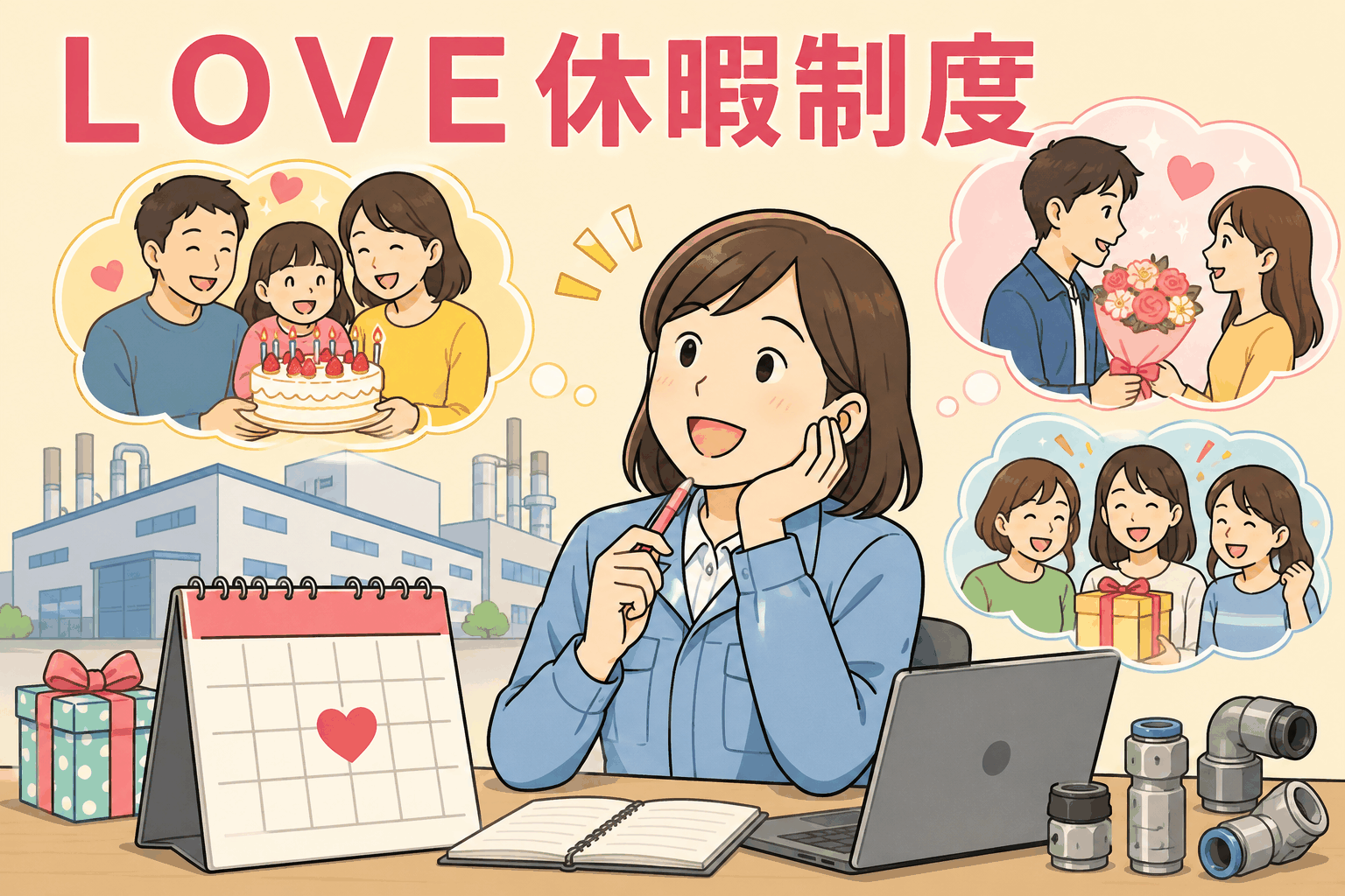 産業用流体ガス向けワンタッチ継手メーカーが導入したLOVE休暇制度を紹介するアイキャッチ画像。社員が家族・恋人・友人など大切な人の誕生日に有給休暇を取得できる制度を表現。