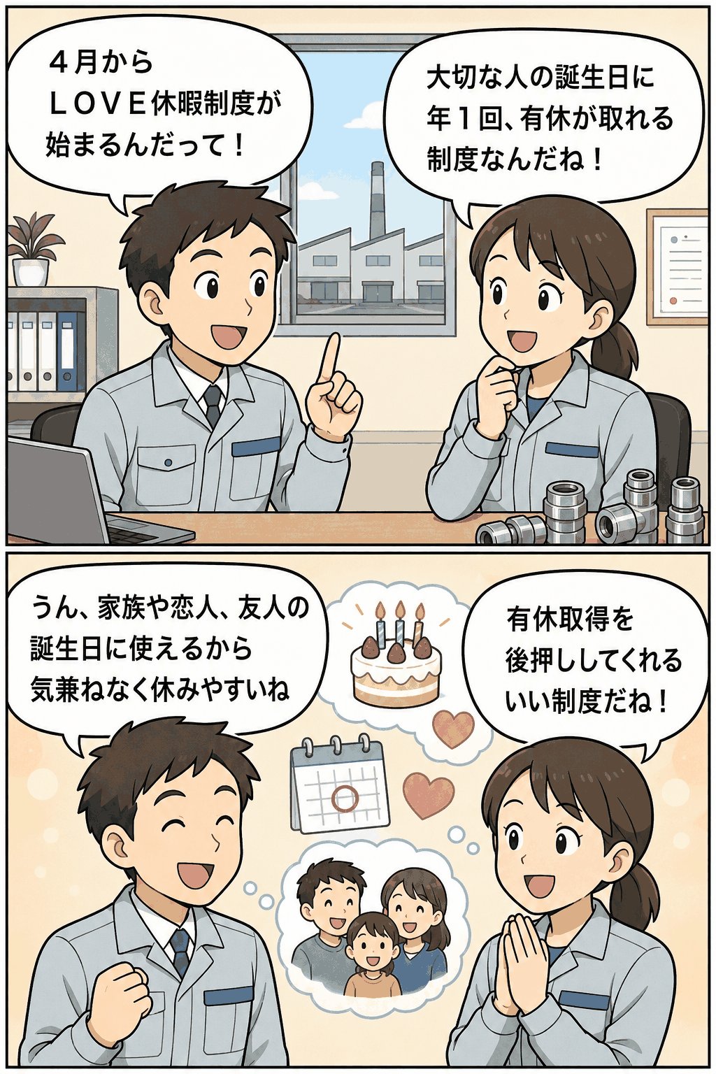 産業用流体ガス向けワンタッチ継手メーカーの社員が、4月開始のLOVE休暇制度について会話する漫画。大切な人の誕生日に年1回有給休暇を取得できる制度を紹介。