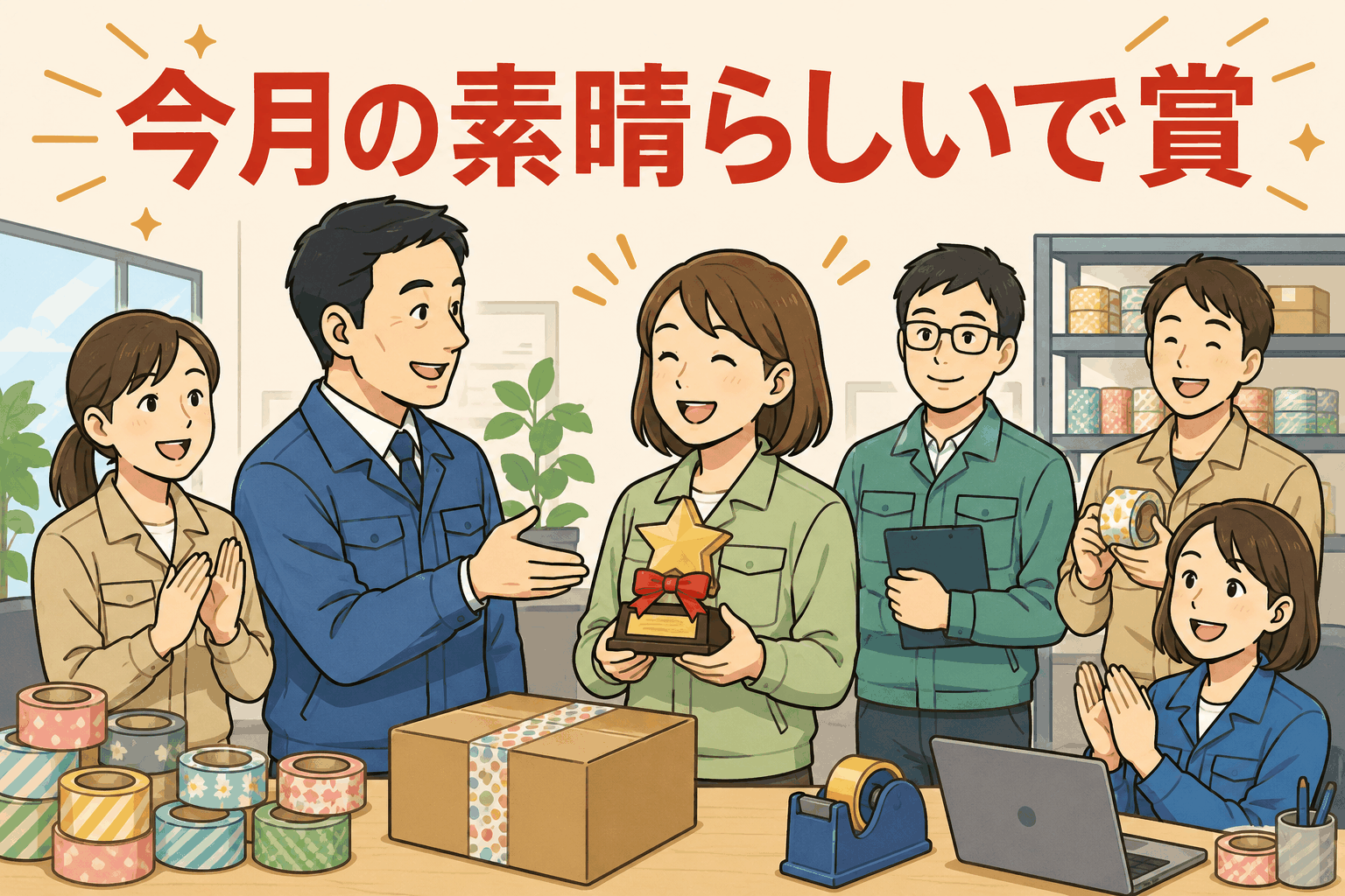 装飾包装用テープの製造販売会社で、社員が「今月の素晴らしいで賞」を受賞し、同僚から祝福されている表彰制度のイラスト