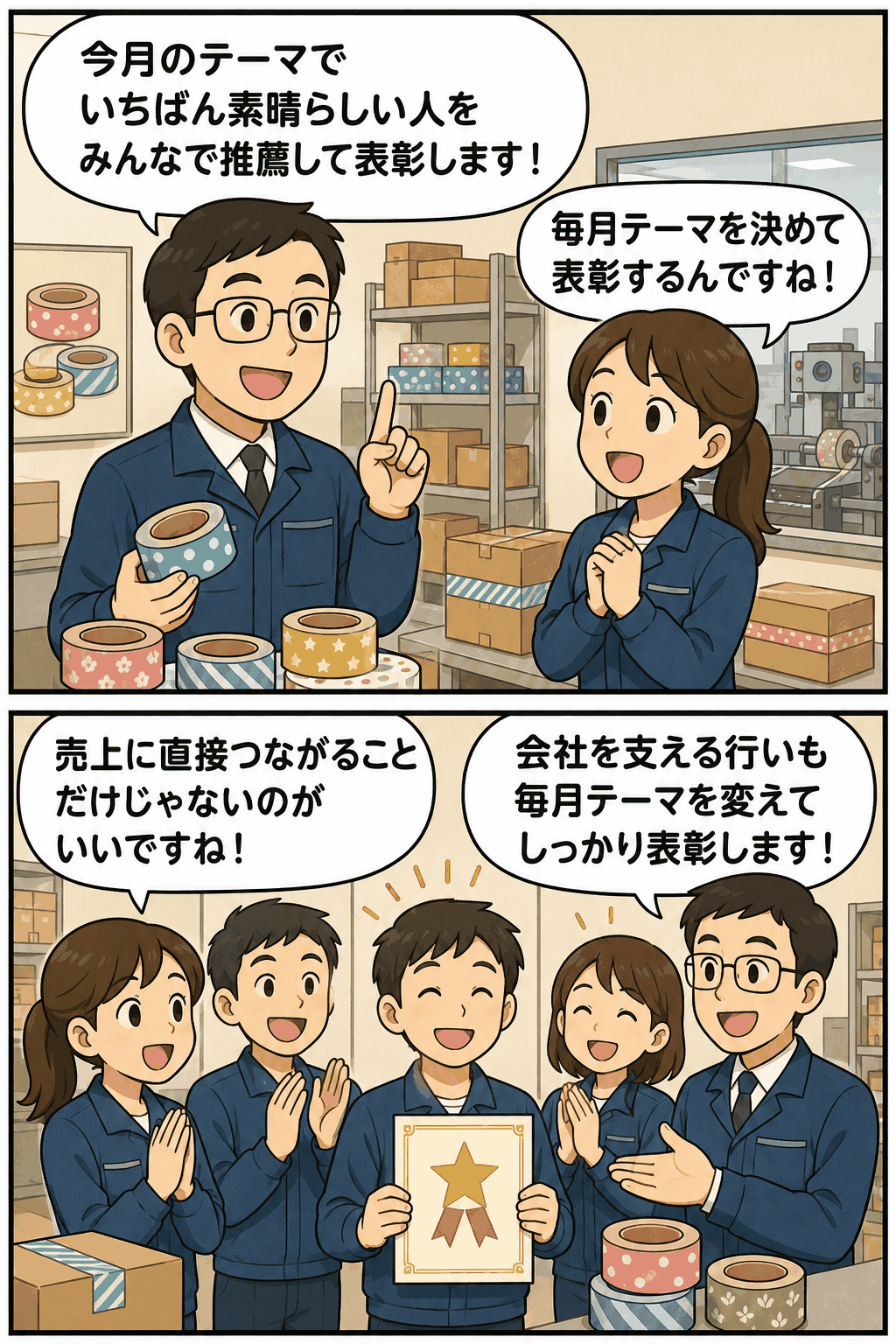 装飾包装用テープの製造販売会社で、毎月テーマを決めて素晴らしい社員を推薦し表彰する「今月の素晴らしいで賞」を説明する漫画イラスト