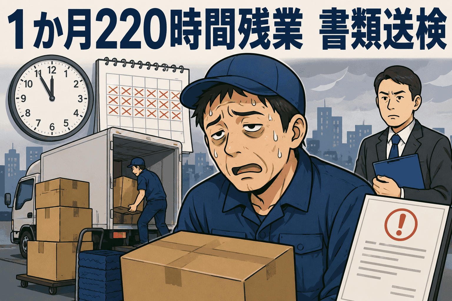 1か月220時間残業と書類送検をテーマに、引っ越し作業員の長時間労働や労働基準監督署の対応を描いたイラスト
