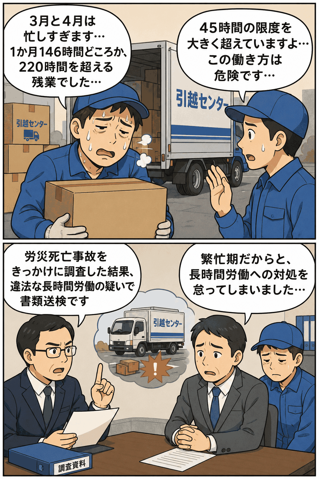 引っ越し会社で1か月146時間から224時間の時間外労働が発覚し、労災死亡事故をきっかけに労働基準監督署が書類送検した事例を描いた漫画
