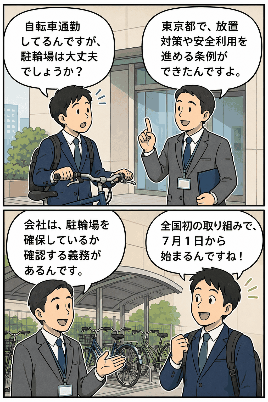 東京都の自転車通勤条例により企業が従業員の駐輪場確保を確認する義務を説明する漫画