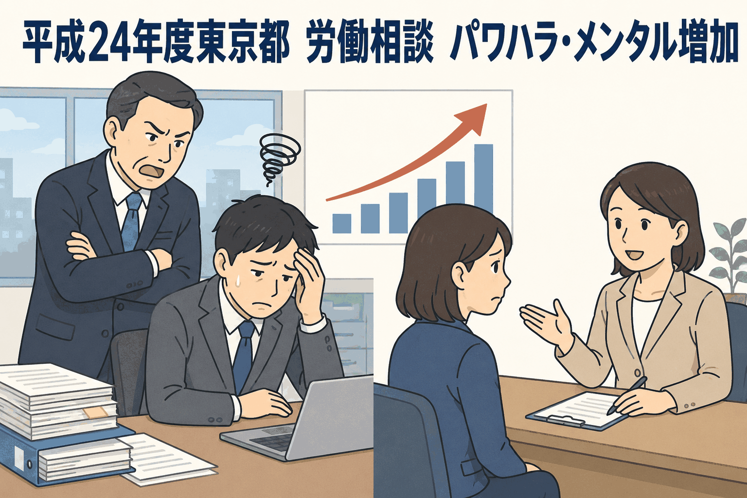 平成24年度東京都の労働相談で退職強要・解雇・職場の嫌がらせ・メンタルヘルス不調の相談増加を示すイラスト