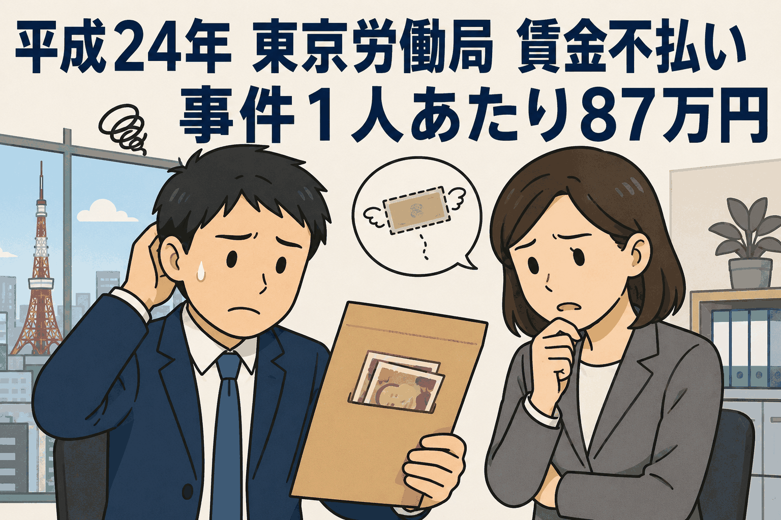 平成24年の東京労働局における賃金不払い相談を表すイラスト。未払い賃金が事件1人あたり87万円にのぼることを示し、困惑する労働者と相談員が描かれている。