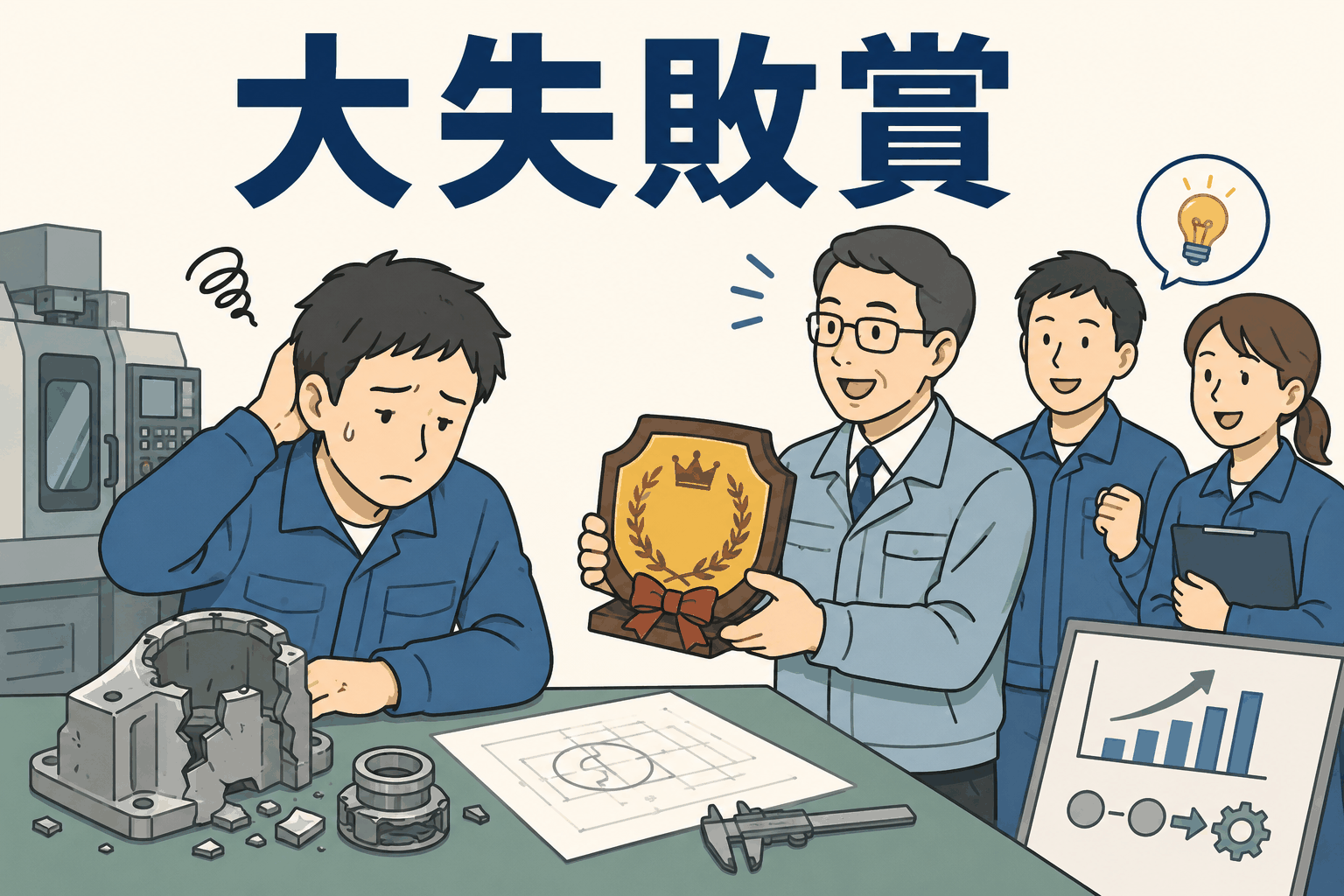 機械部品製造業の職場で、挑戦による失敗を称える「大失敗賞」を社員に贈るイラスト