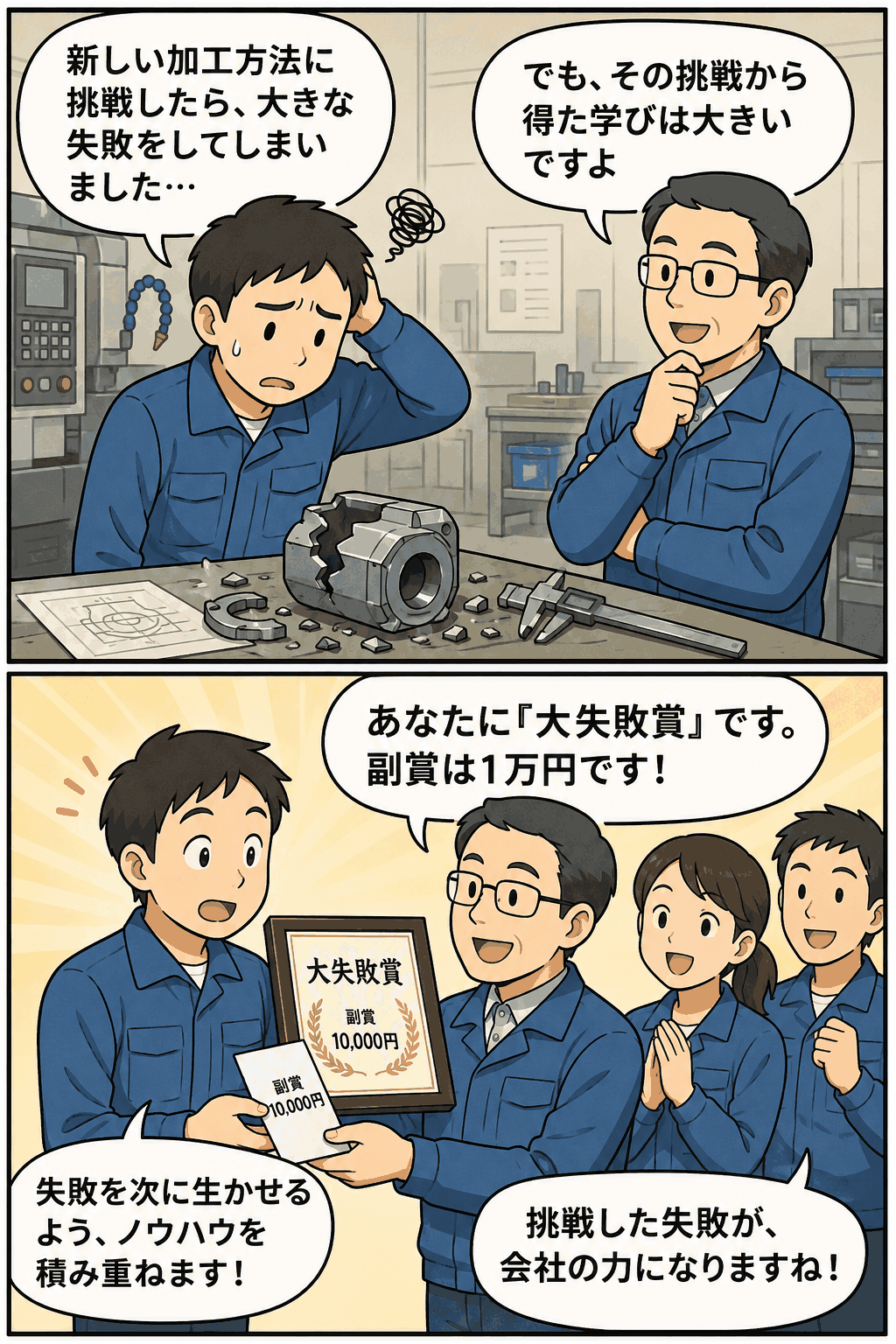機械部品製造業で新しい加工方法に挑戦して失敗した社員を、大失敗賞として表彰する漫画イラスト