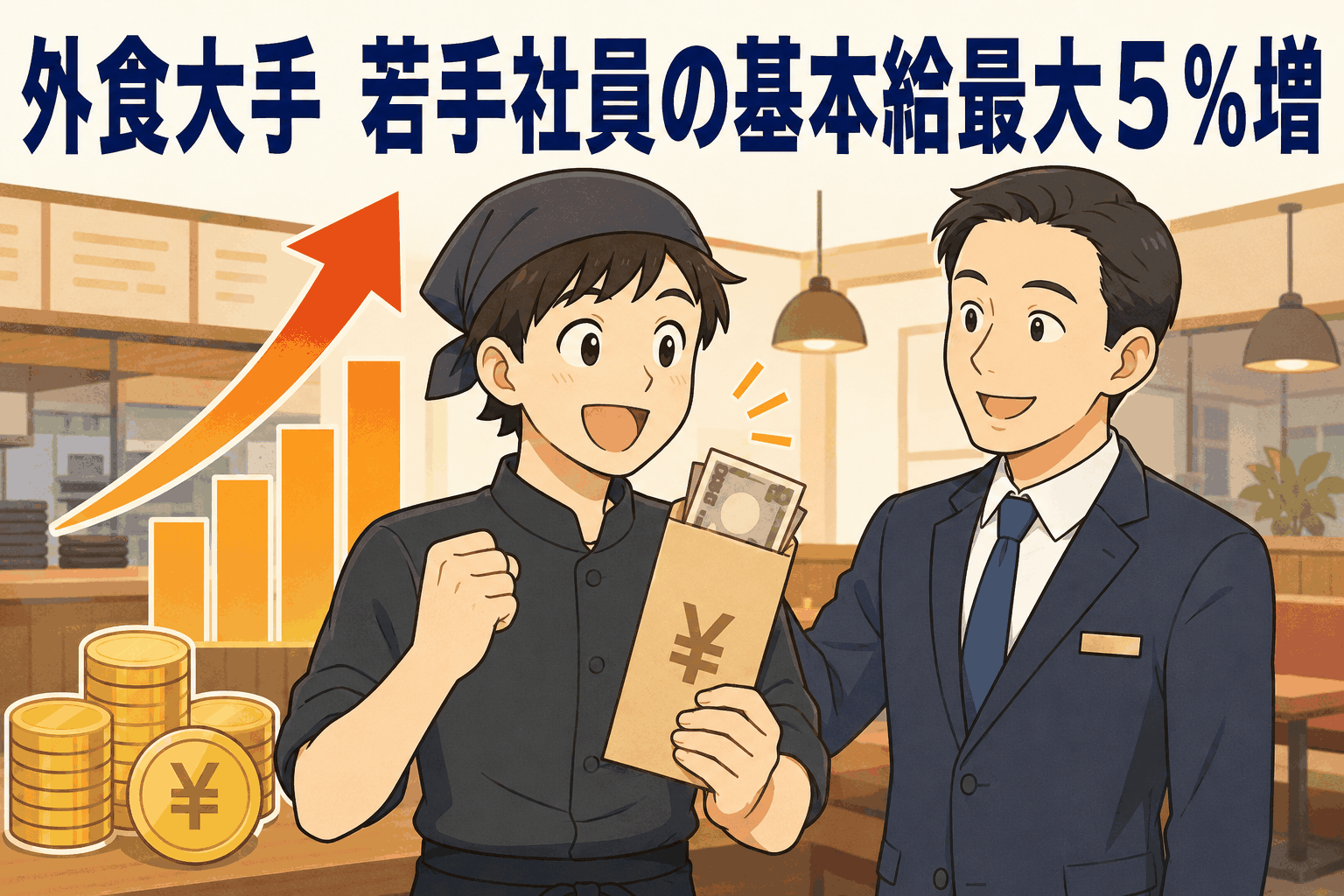 外食大手が20代の若手社員を対象に基本給を最大5％引き上げることを示すイラスト