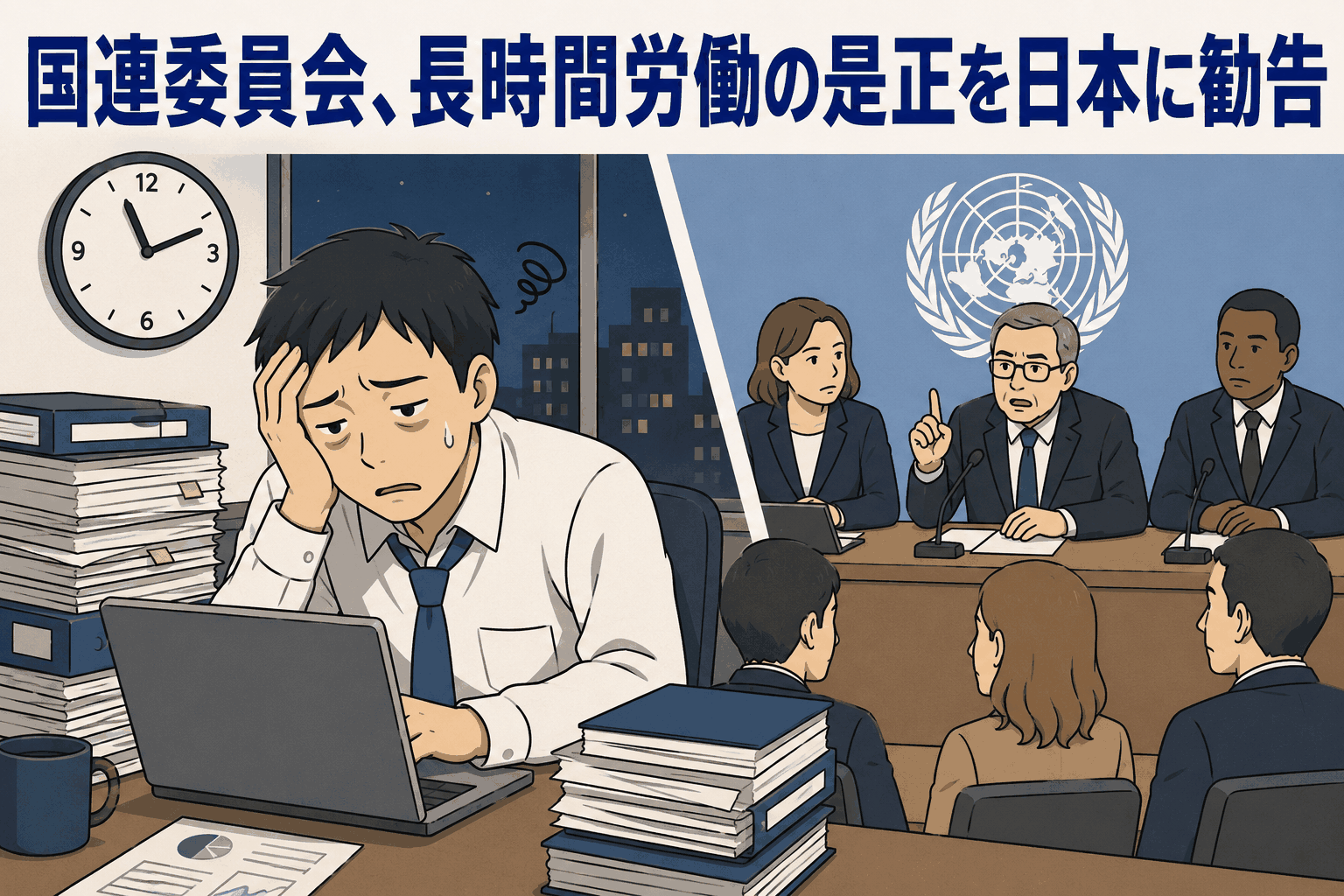 国連社会権規約委員会が日本に長時間労働と過労死対策の強化を勧告し、疲弊する会社員と会議の様子を描いたアイキャッチ画像