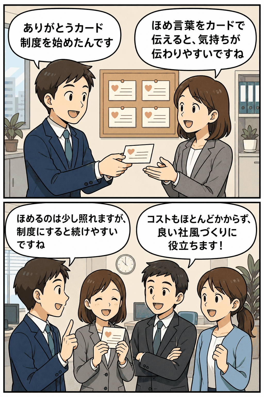 ありがとうカード制度を通じて社員同士がほめ言葉や感謝をカードで伝え、良い社風づくりにつなげる職場の漫画イラスト
