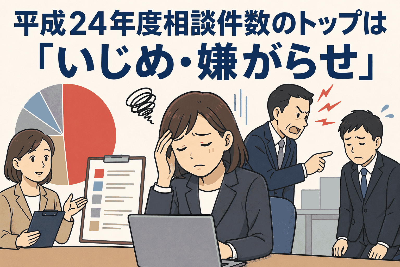 平成24年度の個別労働紛争相談で「いじめ・嫌がらせ」が最多となったことを示すイラスト