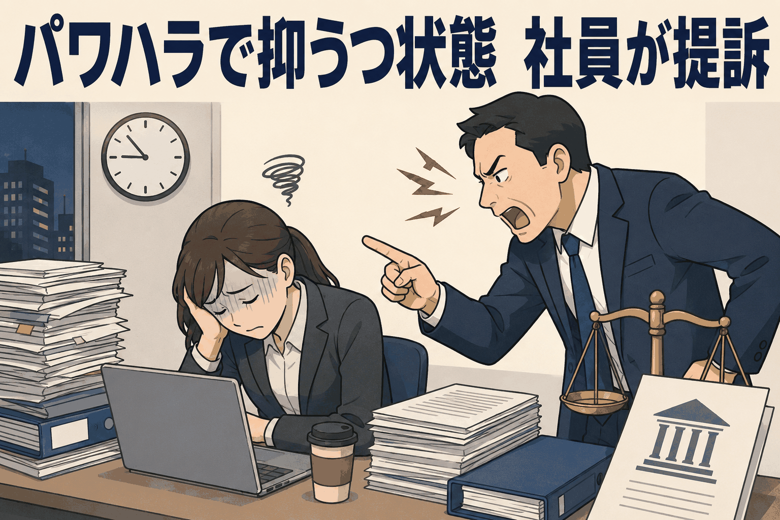 パワハラと長時間労働で抑うつ状態に追い込まれる女性社員と叱責する上司のイラスト