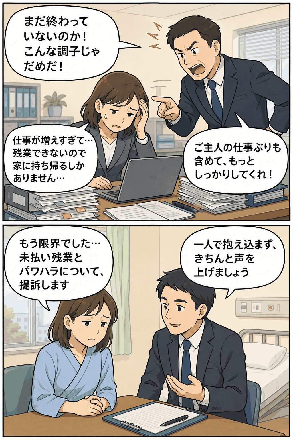 パワハラ上司の叱責と長時間労働に苦しむ女性社員が、未払い残業代と慰謝料を求めて提訴を決意する漫画イラスト