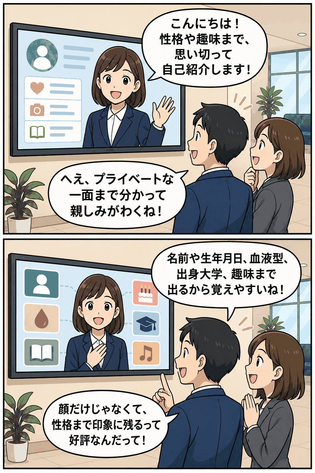 本社ロビーのディスプレーで新入社員の自己紹介動画を放映し、名前・生年月日・血液型・出身大学・趣味・性格などを紹介している様子