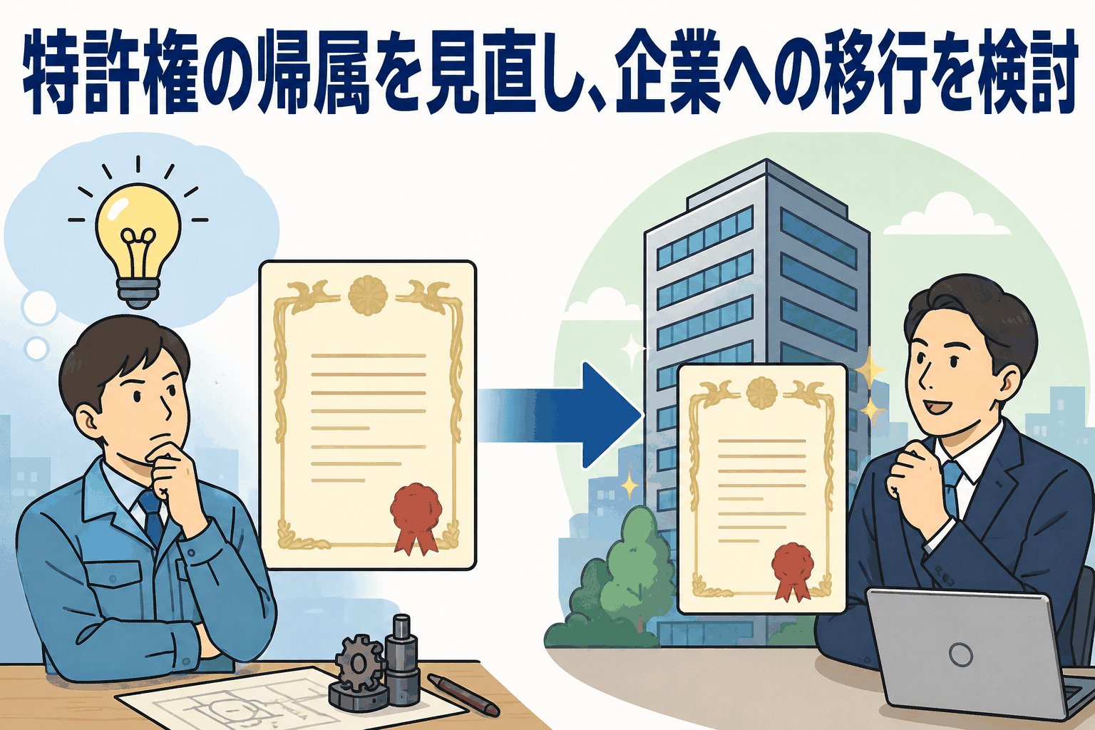 職務発明制度における特許権の帰属を見直し、発明者帰属から企業帰属への移行を検討するイメージ