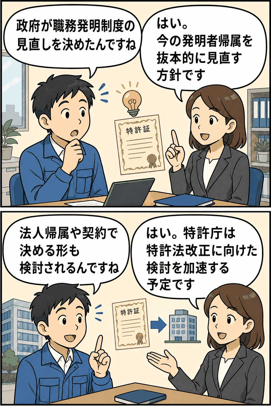 職務発明制度の見直しについて、発明者帰属から法人帰属や契約による帰属への変更、特許法改正の検討を解説する漫画