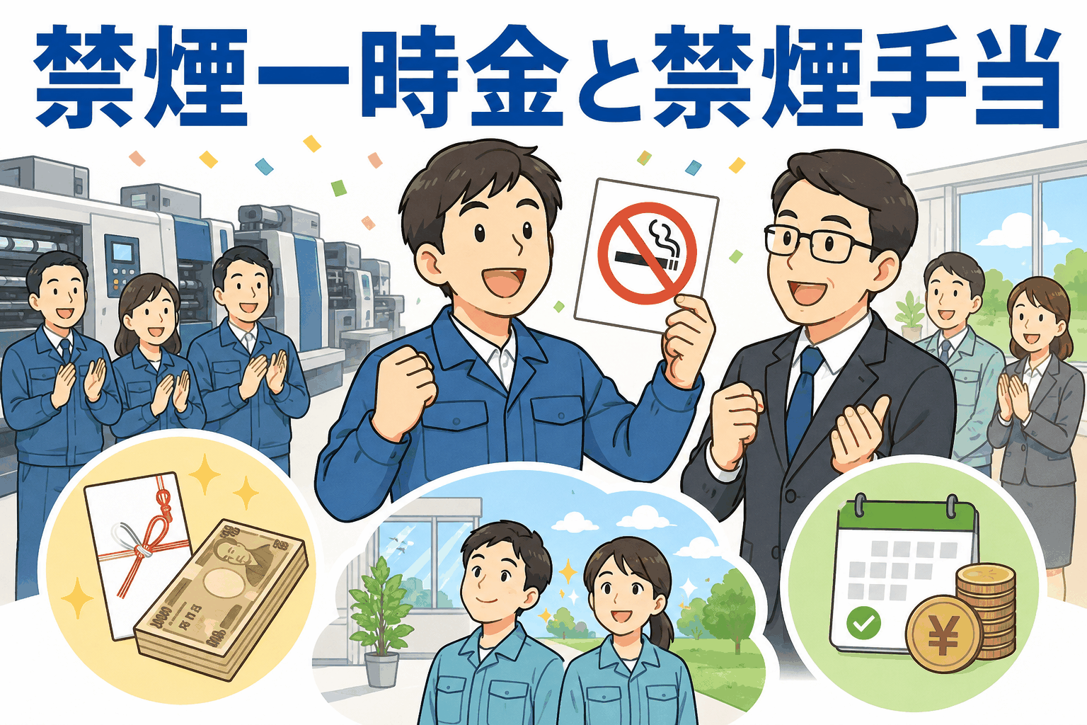 印刷機械メーカーの社員が禁煙を宣言し、禁煙一時金10万円と毎月の禁煙手当を受け取る制度を紹介するイラスト