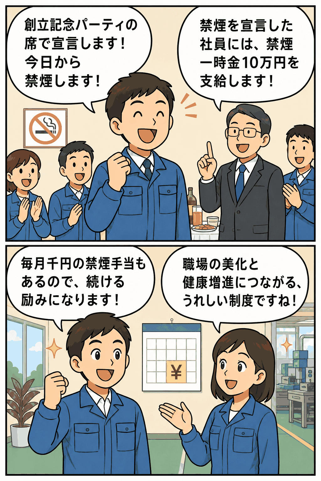 創立記念パーティで禁煙を宣言した社員に、禁煙一時金10万円と毎月千円の禁煙手当を支給する印刷機械メーカーの制度を描いた漫画