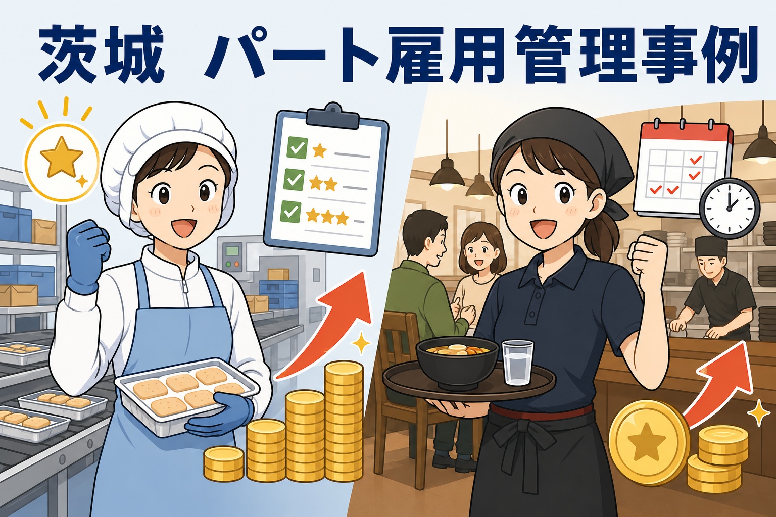 茨城のパート雇用管理事例を紹介するイラスト。食品製造業のポイント制度と飲食業の貢献度給により、パート労働者の勤務意欲向上を表現。