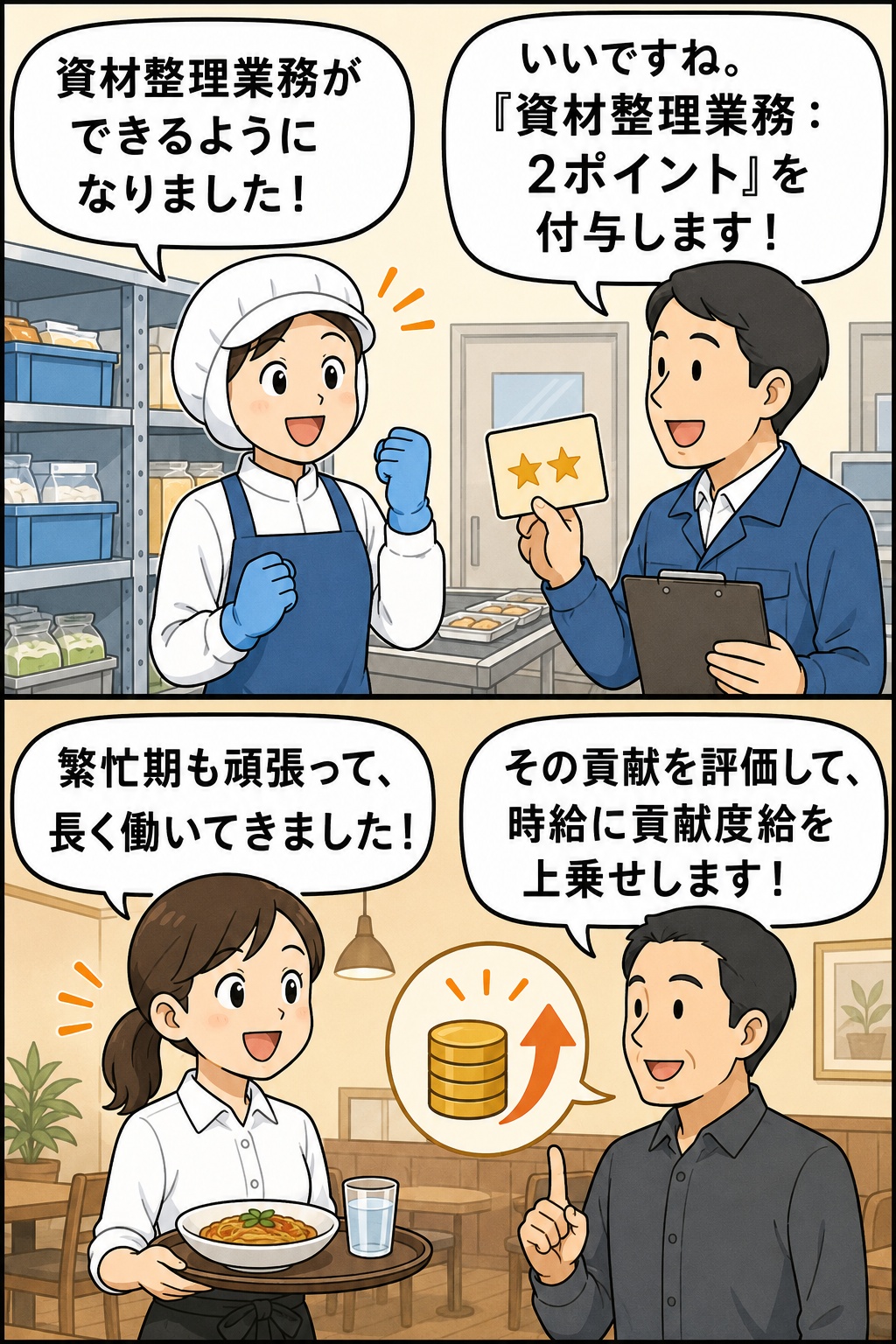 パートタイム労働者の勤務意欲向上を目的に、食品製造業の資材整理業務へのポイント付与と、飲食業の繁忙期対応・長期勤務への貢献度給を紹介する漫画イラスト。