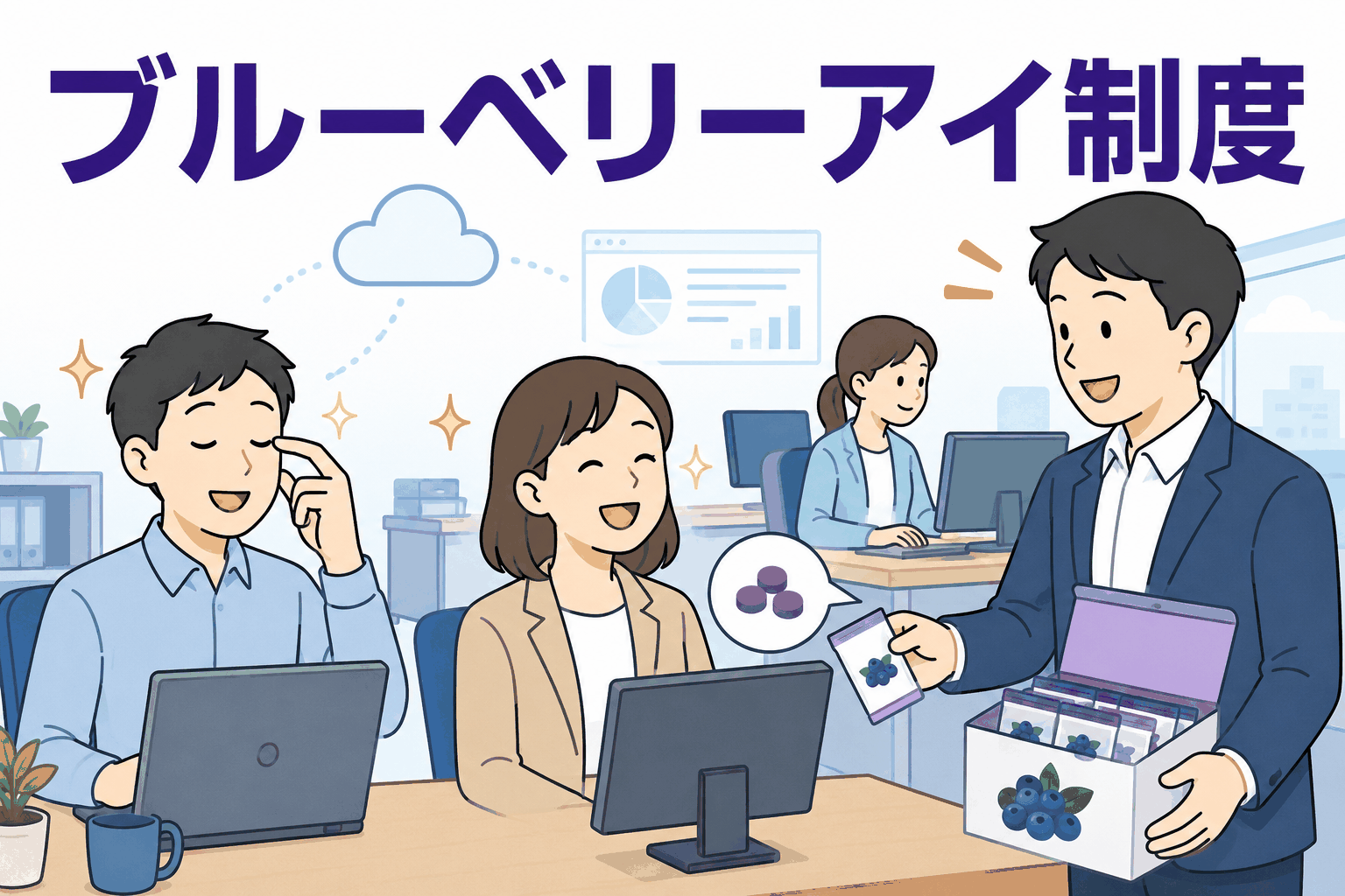 クラウド型ビジネスツール開発会社のオフィスで、社員の目の疲れ対策としてブルーベリーアイ支給制度を紹介するイラスト