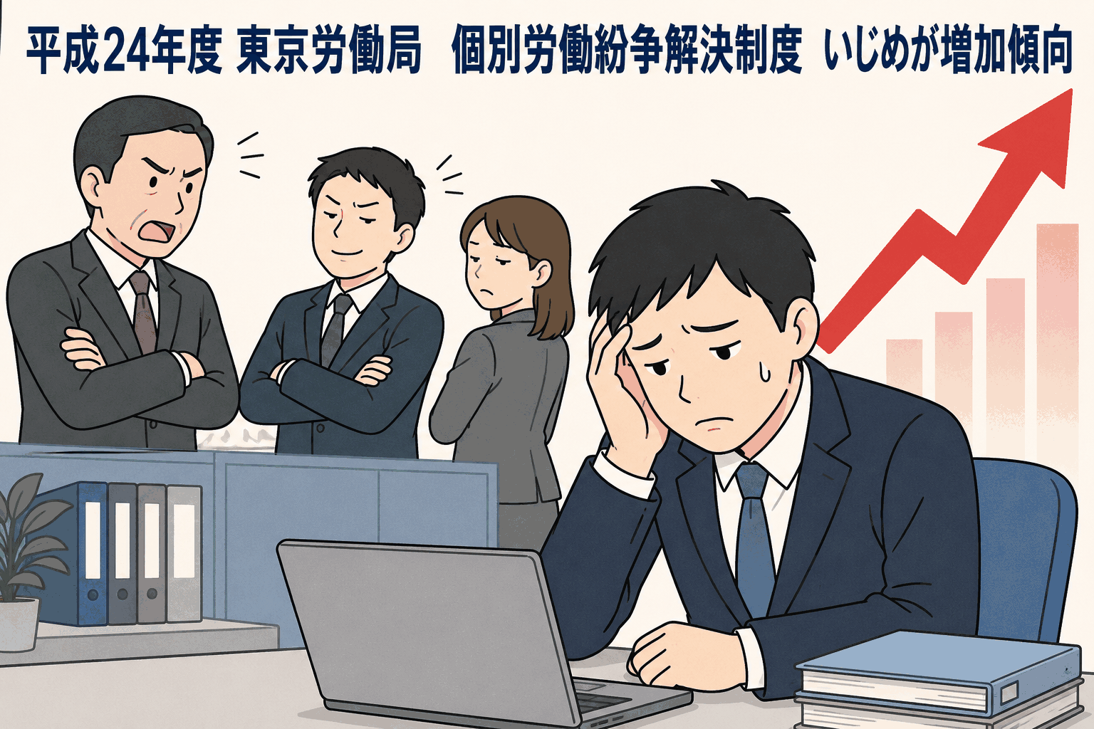 平成24年度の東京労働局における個別労働紛争解決制度で、いじめ・嫌がらせ相談が増加傾向にあることを示す職場トラブルのイラスト
