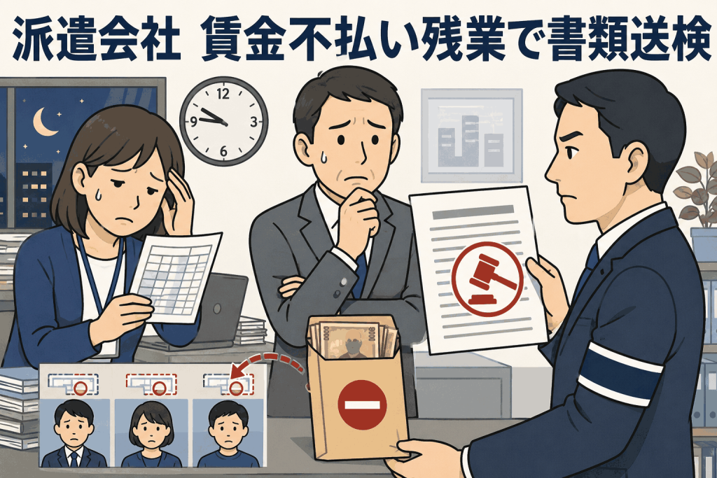 派遣会社がサービス残業による割増賃金不払いや違法な賃金控除の疑いで書類送検された事例を説明するイラスト