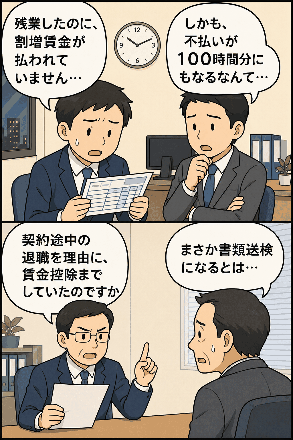 派遣会社がサービス残業の割増賃金不払いと契約途中退職を理由にした違法な賃金控除で書類送検された事例を解説する漫画