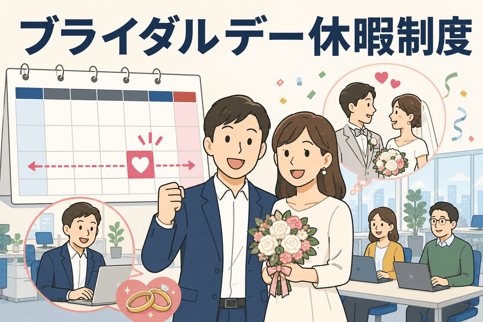 ブライダルデー休暇制度を紹介するイラスト。結婚記念日前後に取得できる特別休暇を、カレンダーや職場、夫婦のイメージで表現。