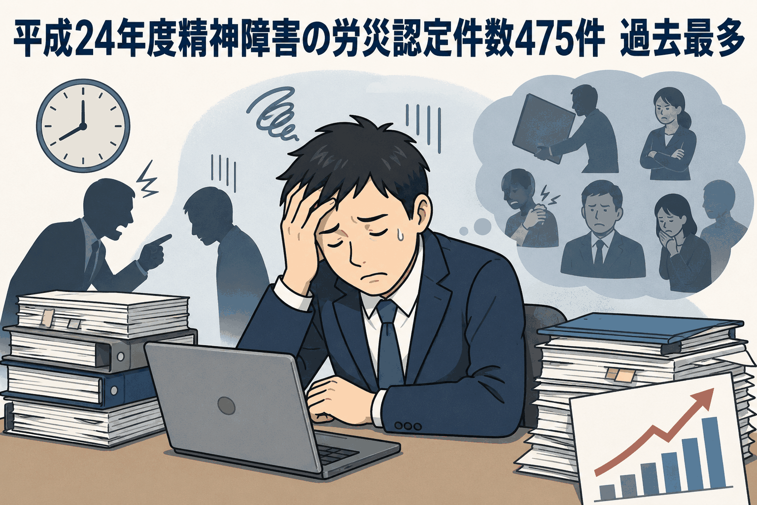 平成24年度の精神障害による労災認定件数が過去最多の475件となったことを示す、長時間労働やハラスメントで悩む会社員のイラスト