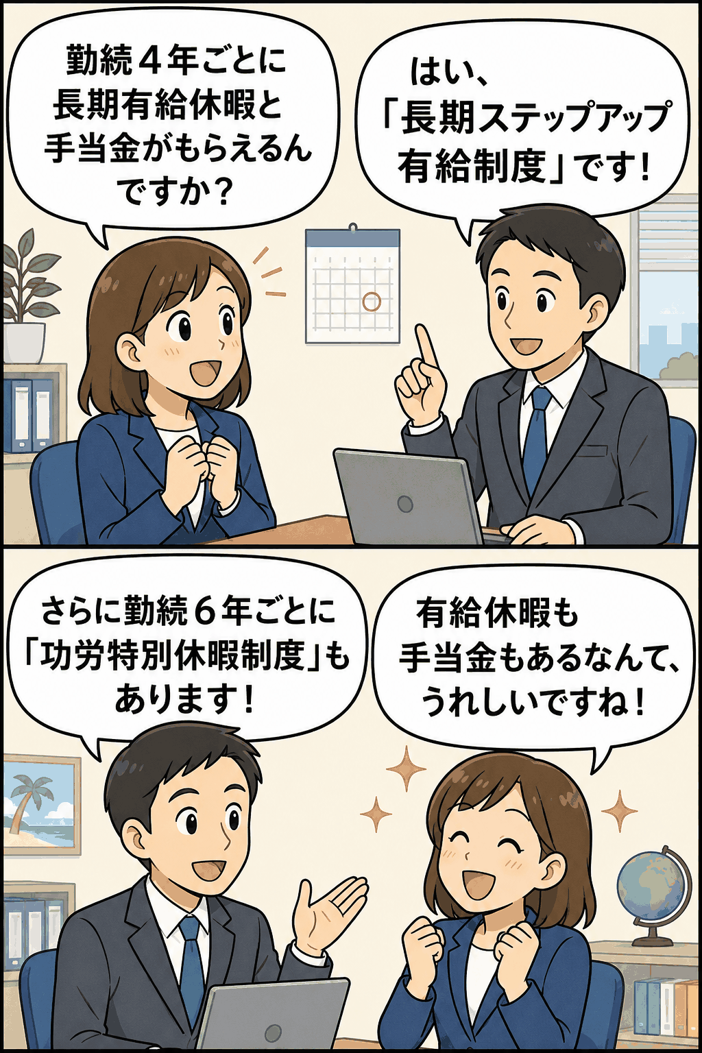 勤続4年ごとの長期ステップアップ有給制度と、勤続6年ごとの功労特別休暇制度について、社員が会話形式で説明する漫画イラスト。