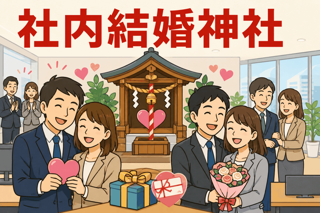 社内結婚を奨励する会社のオフィスに設けられた社内結婚神社と、笑顔の社員カップルたち