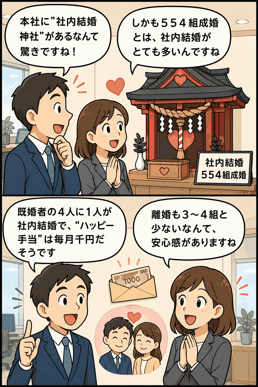 社内結婚神社と554組成婚、ハッピー手当や低い離婚件数を紹介する会社の漫画風アイキャッチ画像
