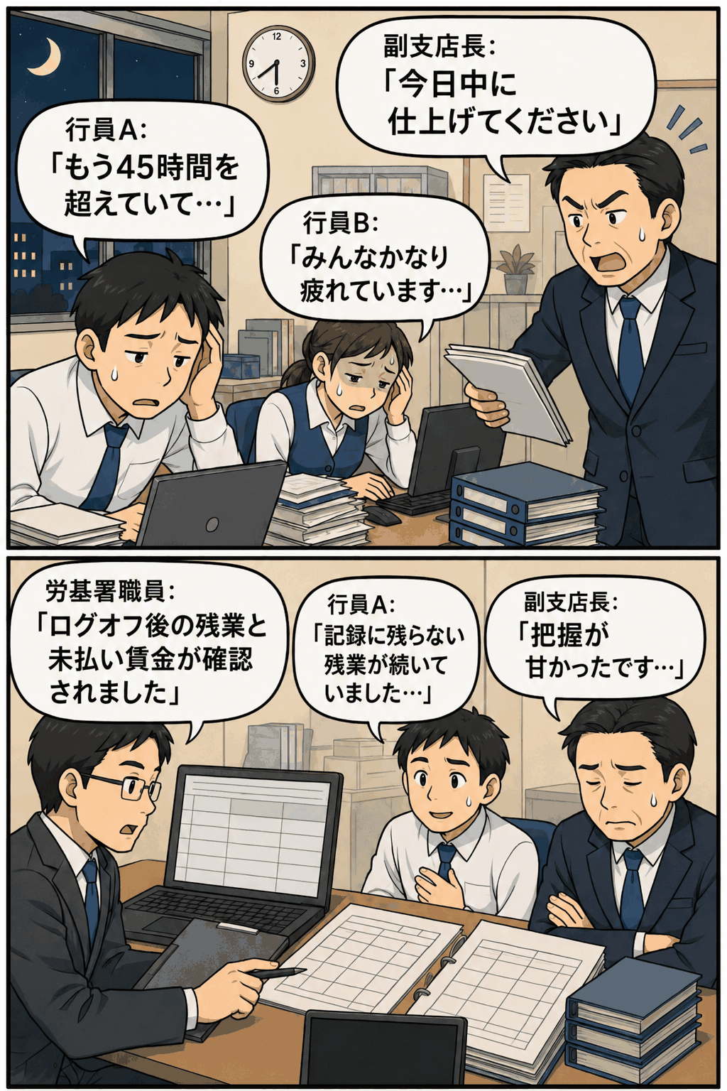 地方銀行の支店で36協定の上限を超える残業やログオフ後の未記録残業、割増賃金未払いが発覚し、労基署職員が調査する漫画風イラスト