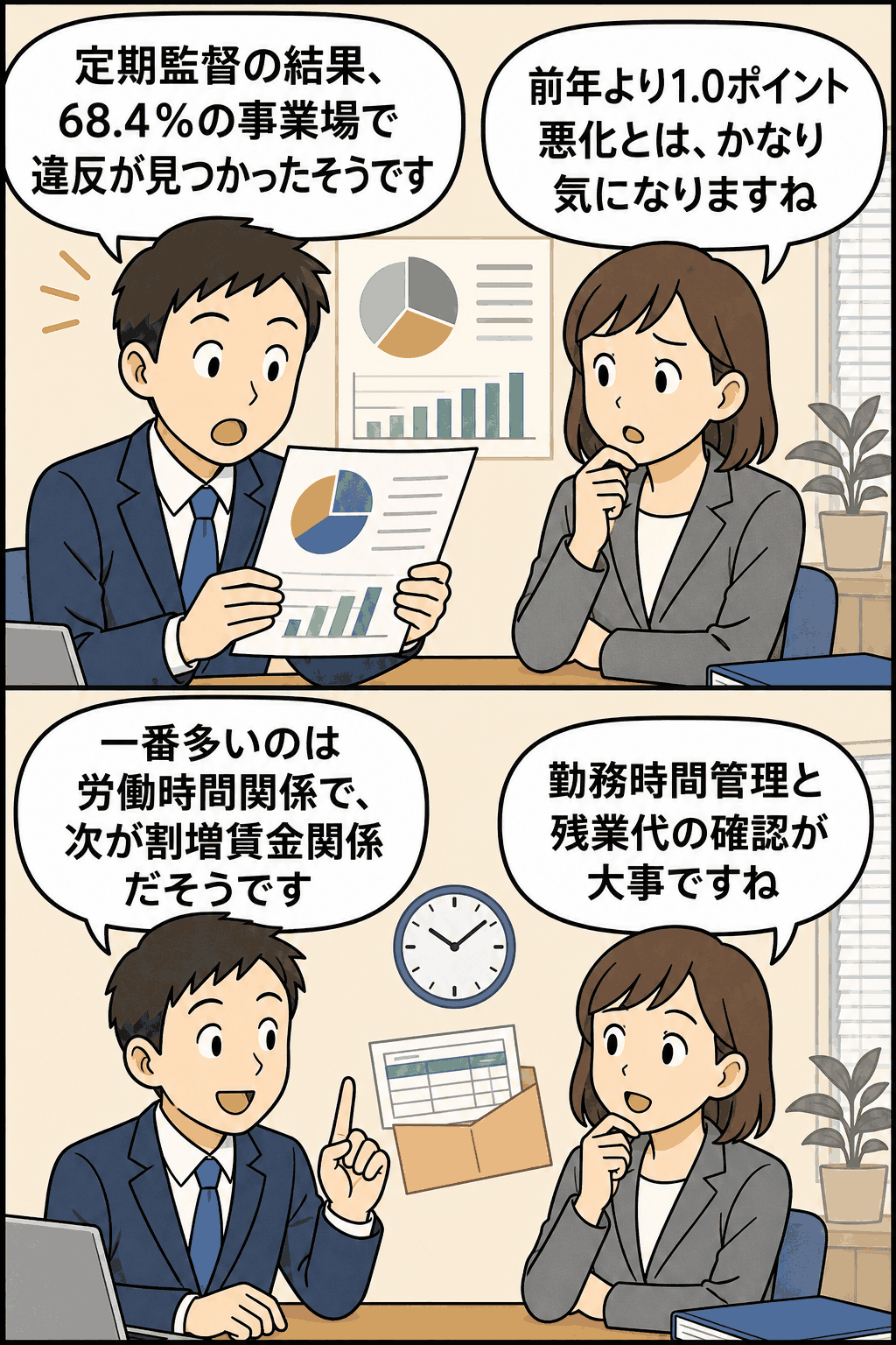 平成24年の定期監督で68.4％の事業場に法令違反が見つかり、労働時間管理と割増賃金の確認について話し合う社員の漫画