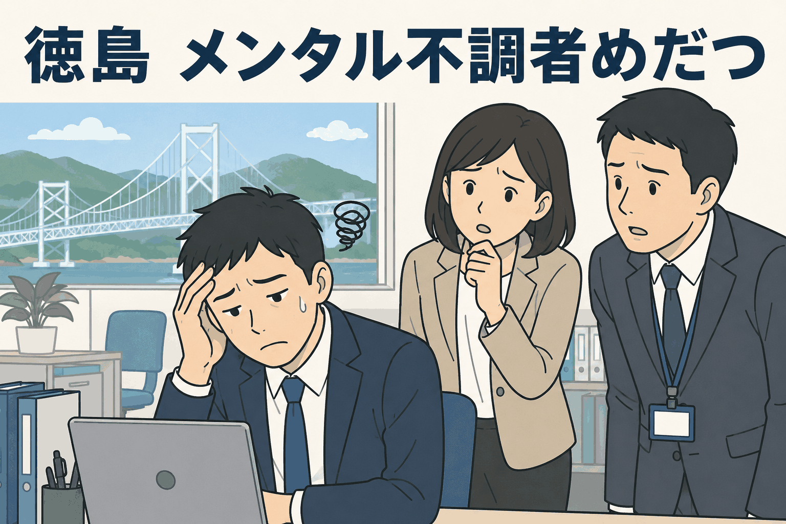 徳島県の企業でメンタル不調者がいる職場の様子と、メンタルヘルス対策の必要性を示すイラスト