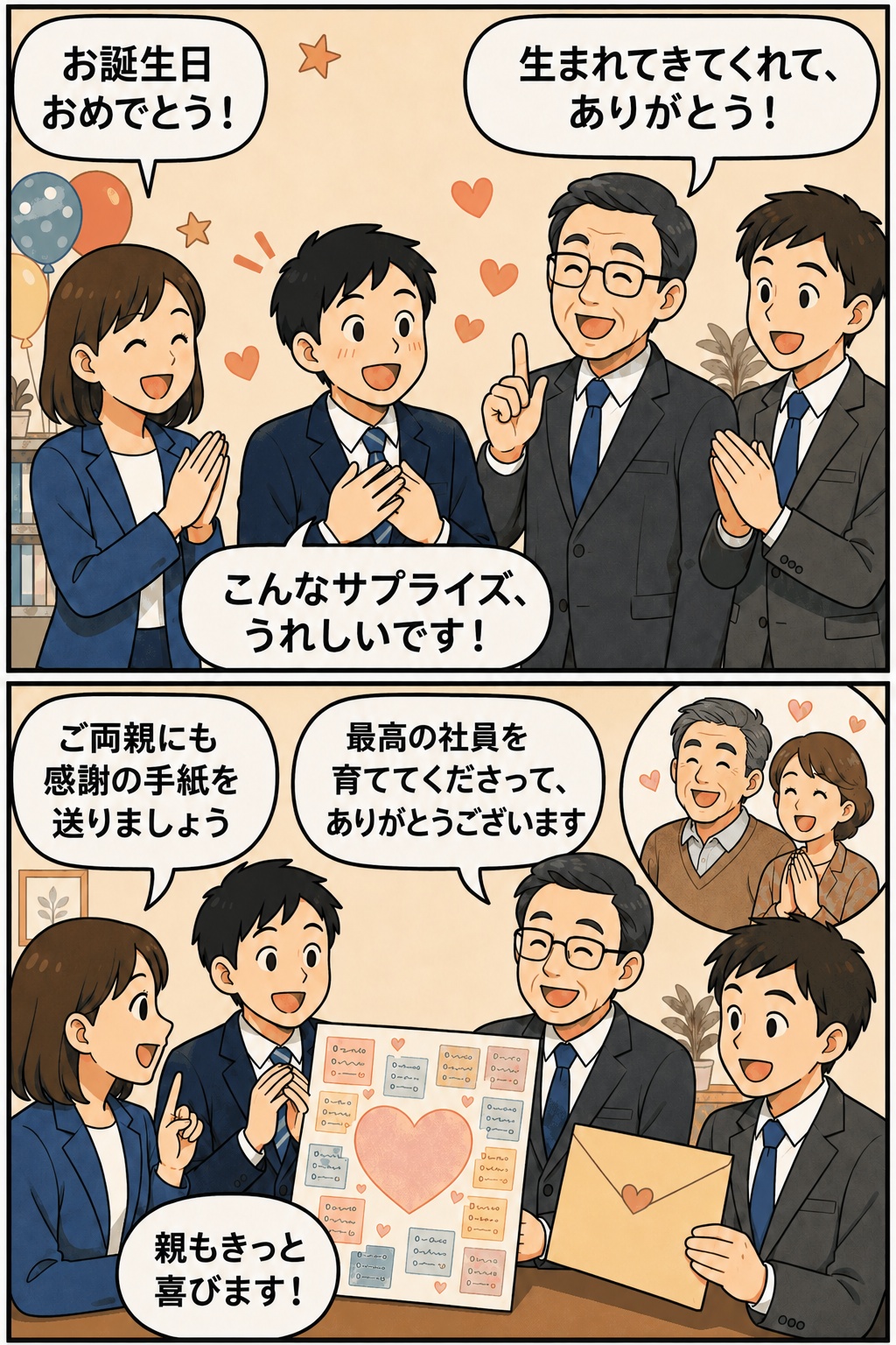 社員の誕生日に同僚や社長が「生まれてきてくれてありがとう」と感謝を伝え、社員の両親へ手紙と寄せ書きを贈る会社の誕生日サプライズ
