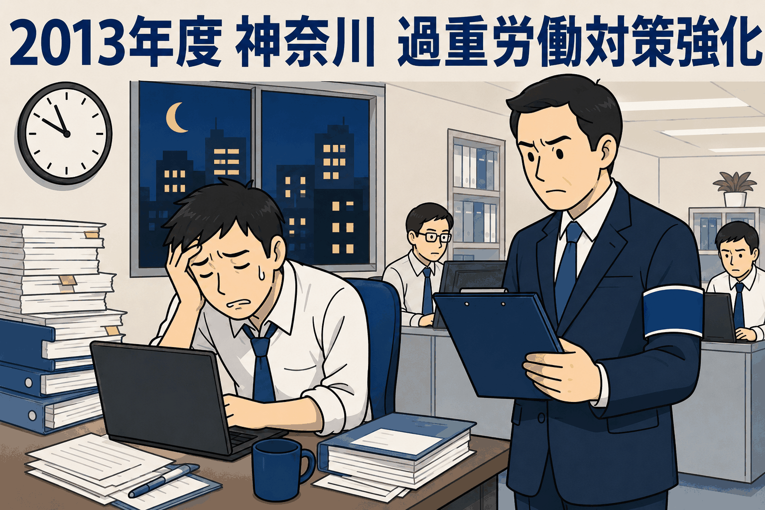 2013年度に神奈川労働局が長時間労働の疑いがある事業場への立入調査を強化することを示す、深夜残業中のオフィスと監督官のイラスト