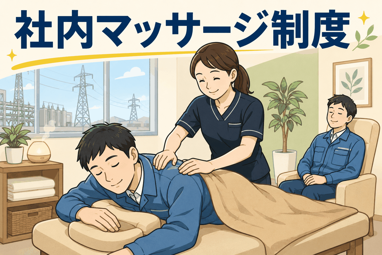 電力幹線システム等を製造販売する会社の社内マッサージ室で、社員がマッサージ師による施術を受けて疲労回復している様子