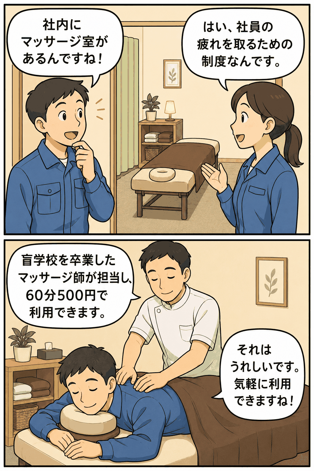 社内マッサージ室を設け、盲学校を卒業したマッサージ師が社員の疲れを取るために60分500円で施術する福利厚生制度の漫画