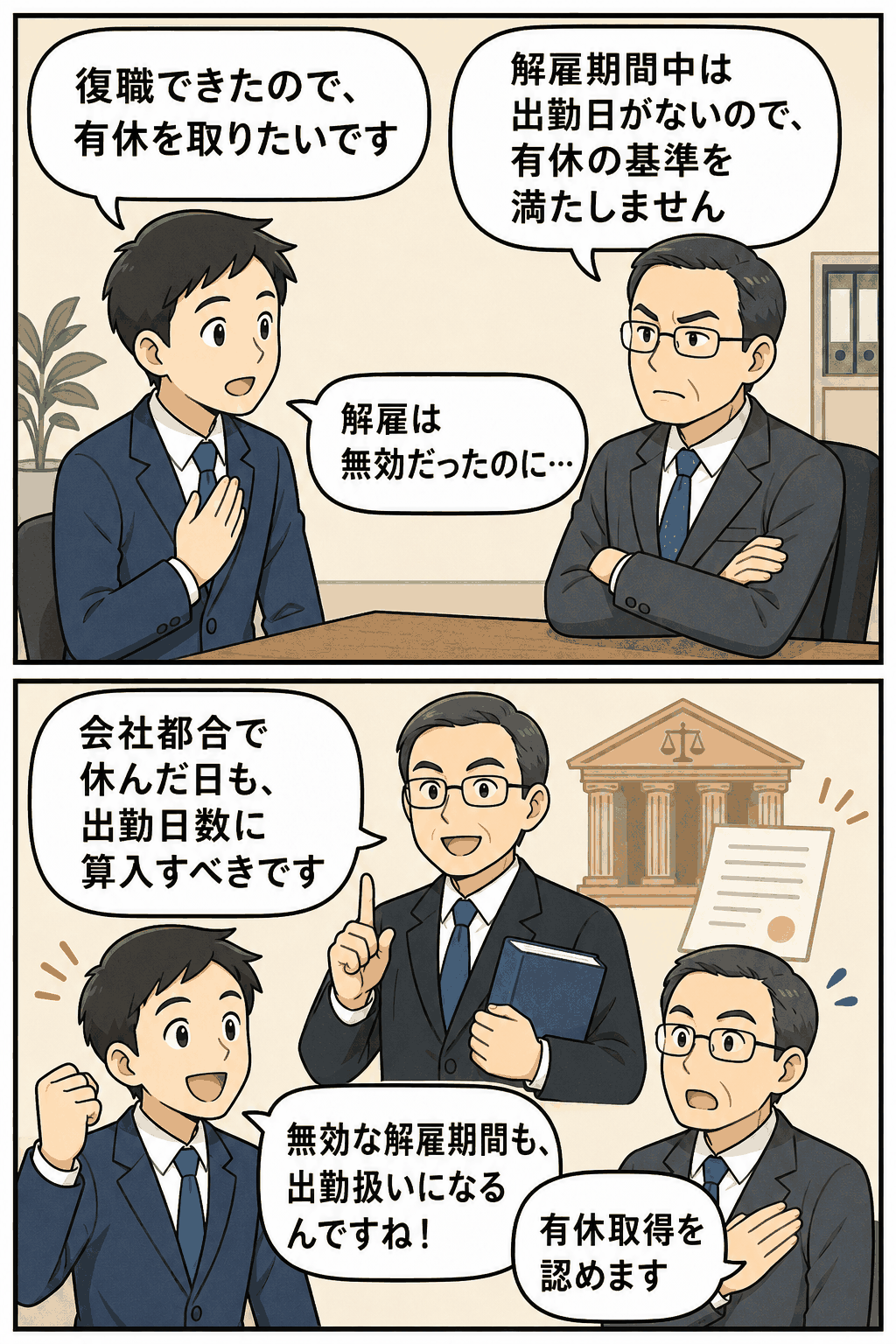 解雇無効後に復職した社員の有給休暇申請について、会社都合で休んだ解雇期間も出勤日数に算入すべきと説明する労務トラブルの漫画