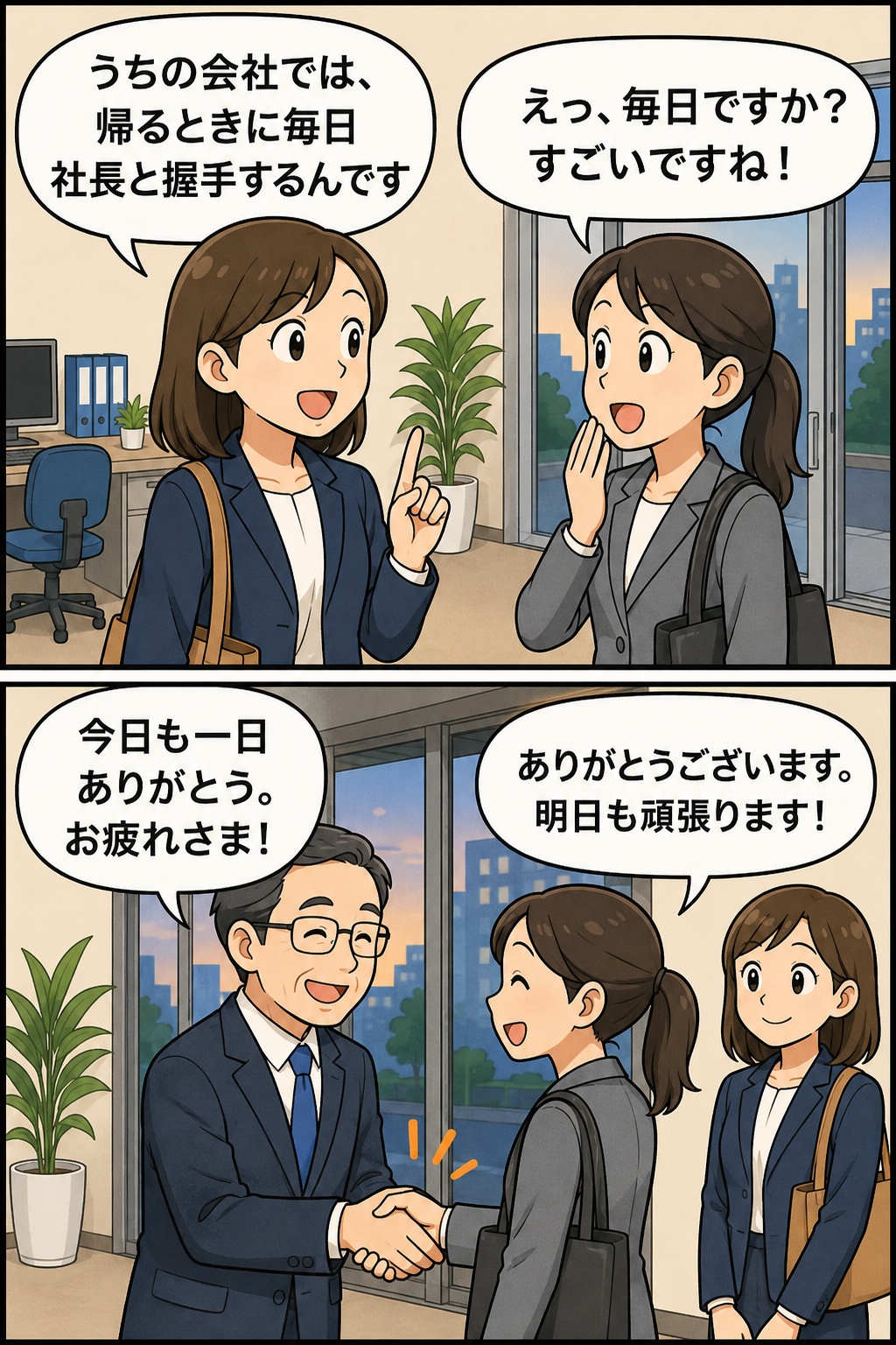 退勤時に毎日社長と握手をする会社の制度を描いたマンガ。社長が社員に感謝を伝え、社員が笑顔で応える社内コミュニケーションの様子。