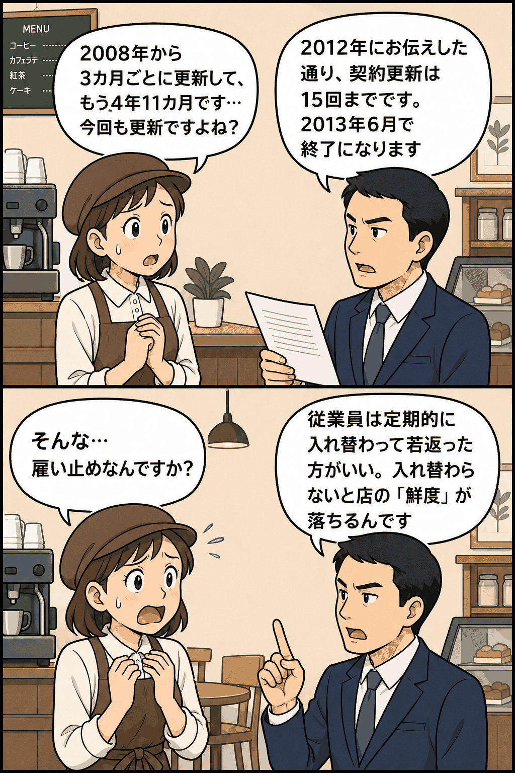 喫茶店チェーンで有期雇用の女性従業員が、契約更新上限と「鮮度」を理由に雇い止めを告げられる漫画