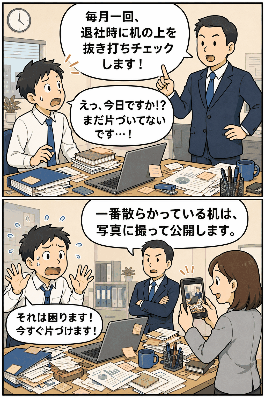 毎月1回の退社時に、社員の机の上を抜き打ちチェックし、散らかった机を写真撮影して公開すると伝えるオフィス漫画