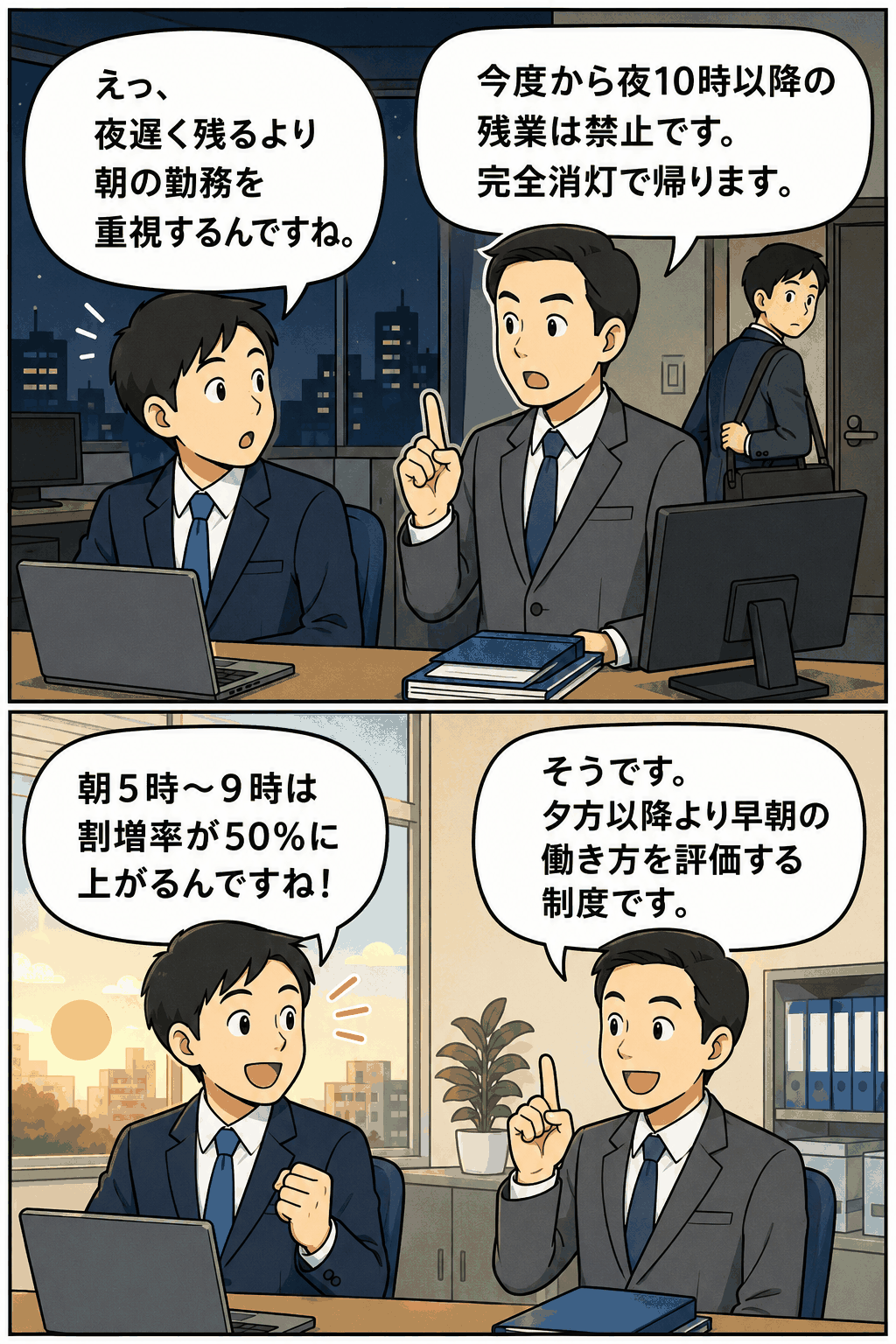 深夜残業禁止と早朝勤務の割増率50%引き上げを説明する、商社社員の会話形式マンガ