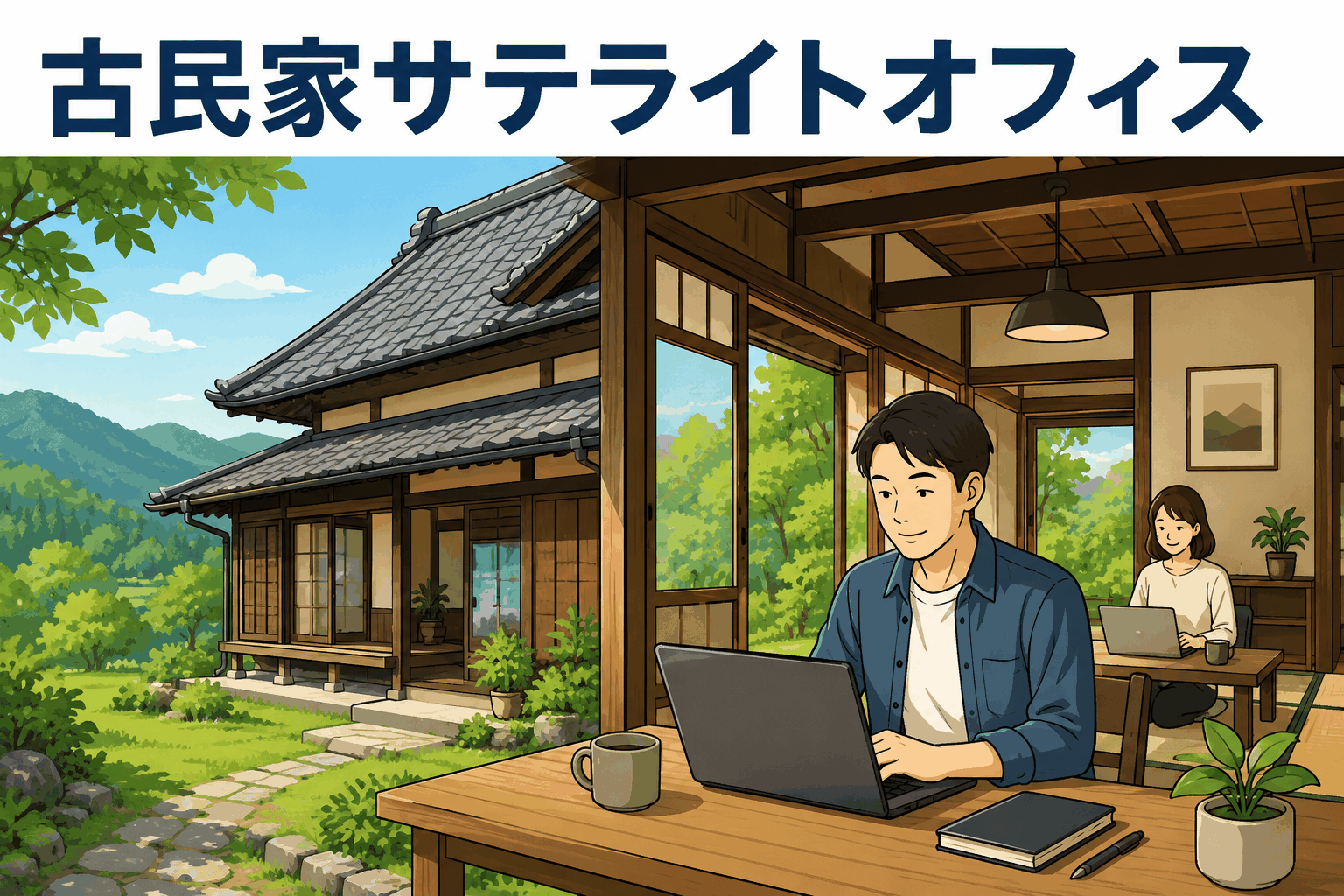 古民家サテライトオフィスで自然に囲まれながら働く社員のイラスト