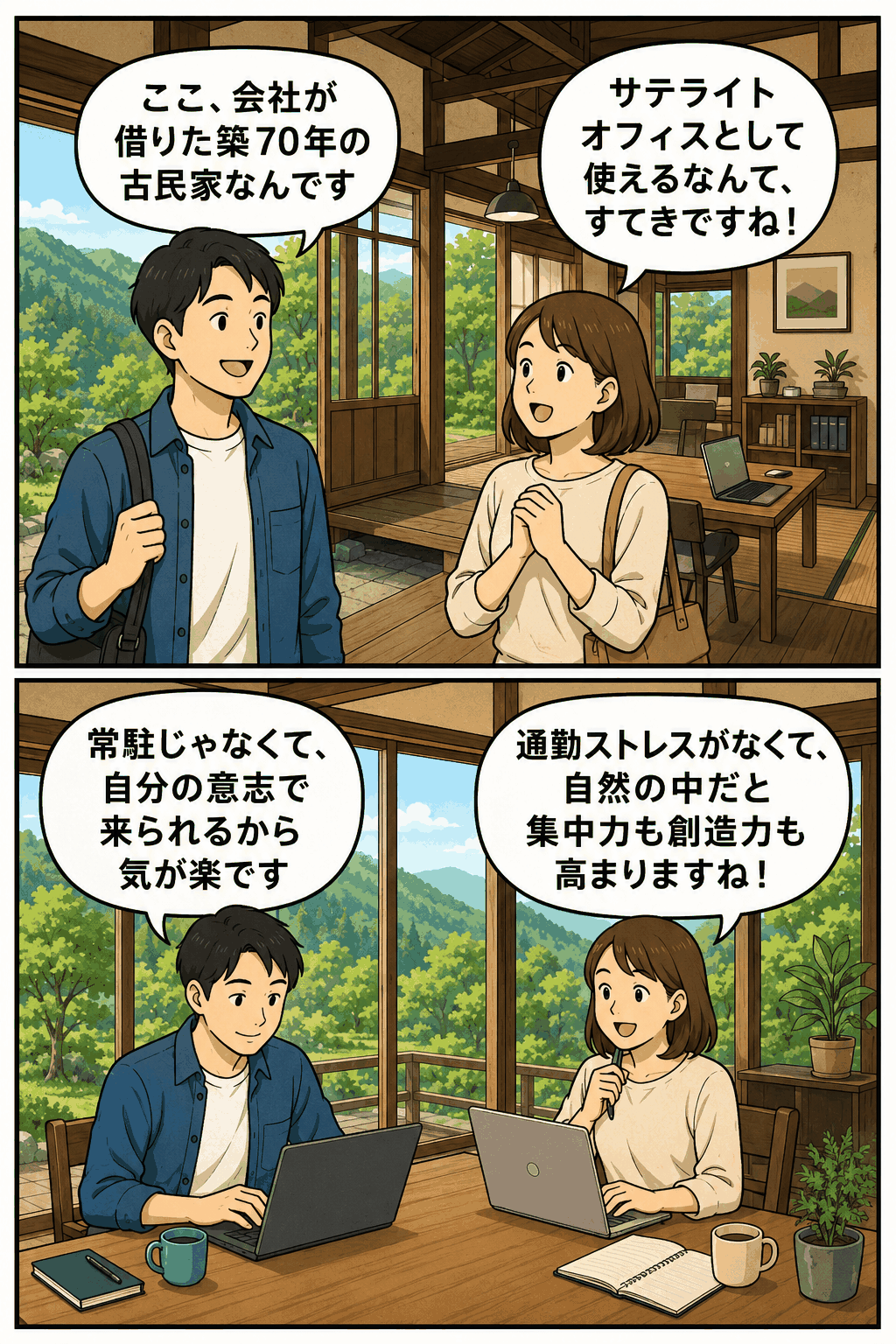 古民家サテライトオフィスで自然に囲まれながら働く社員のイラスト