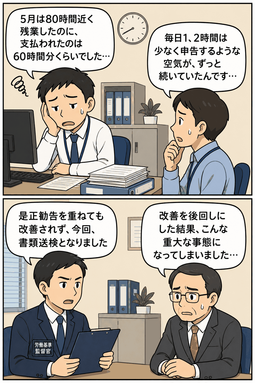 信用金庫の残業代未払いと時間外労働の過少申告について、労基署が是正勧告後に書類送検した流れを描いた漫画